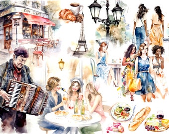 Paris clipart,Watercolor Paris Clipart,Paris Café Clipart,Paris Sublimations,Streets of Paris clipart,Floral Eiffel Tower,French food Png