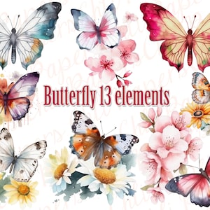 Watercolor Butterfly clipart,Butterflies Clip Art,Butterflies and flowers,Cherry Blosoom png,Summer Clipart,Floral clipart,Butterfly PNG