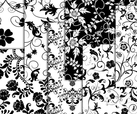 Black Floral Digital Paper: floral Papers Black and White Digital Paper  Bridal Paper Wedding Background Floral Backgrounds Black Scrapbook 