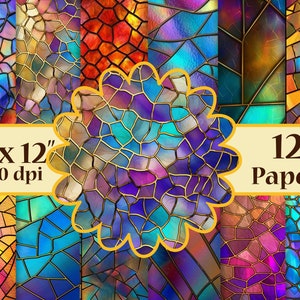 Stained Glass Digital Papers,Digital Pattern Paper, Stained Glass Digital Backgrounds,Mosaic Paper,Crafting Papers,Vivid Color Designs