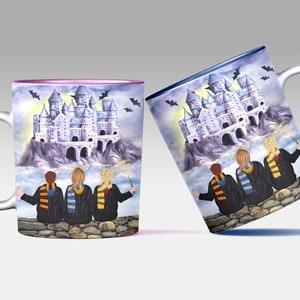 May include: Two white ceramic mugs with a colorful illustration of a castle and three figures wearing robes and holding wands. The mugs have a pink and blue rim.