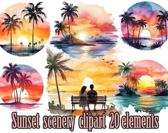 Sunset Beach Clipart,Tropical Sunsets Png,Summer clipart,Beach Palm trees,Sunset landscape,Ocean Sunset Png,Watercolor Sunset,Beach Life Png