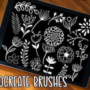 Puede incluir: Una ilustración digital de varios diseños florales y vegetales en blanco sobre un fondo negro. El texto "PROCREATE BRUSHES" está en la parte inferior de la imagen.