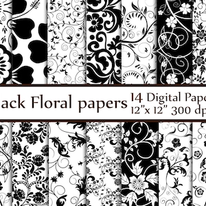 Carta digitale floreale nera: "Floreale" bianco e nero digitale carta carta nuziale nozze sfondo sfondi floreali nero scrapbook