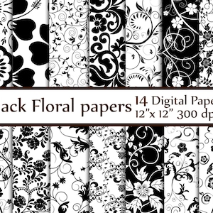 Black Floral Digital Paper: FLORAL PAPERS Black and White Digital Paper Bridal paper wedding background Floral backgrounds black scrapbook image 1