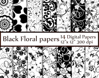 Black Floral Digital Paper: "FLORAL PAPERS" Black and White Digital Paper Bridal paper wedding background Floral backgrounds black scrapbook