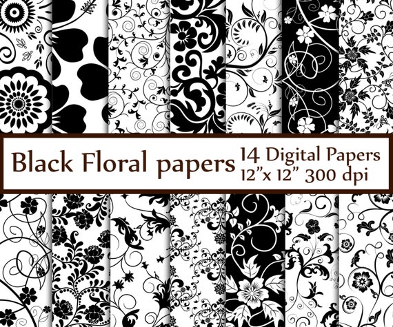Black Floral Digital Paper: "FLORAL PAPERS" Black and White Digital Paper Bridal paper wedding background Floral backgrounds black scrapbook