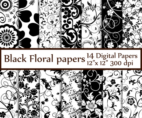 Black Floral Digital Paper: floral Papers Black and White Digital Paper  Bridal Paper Wedding Background Floral Backgrounds Black Scrapbook 