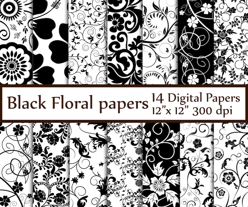 Black Floral Digital Paper: FLORAL PAPERS Black and White Digital Paper Bridal paper wedding background Floral backgrounds black scrapbook image 1