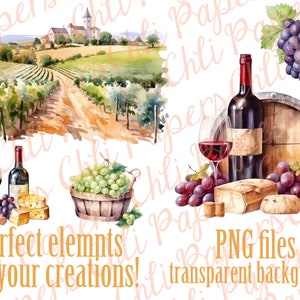 May include: A watercolour illustration of a vineyard landscape with a bottle of wine, grapes, cheese, and a barrel. The illustration is ideal for creating wine-themed crafts, invitations, or other projects.
