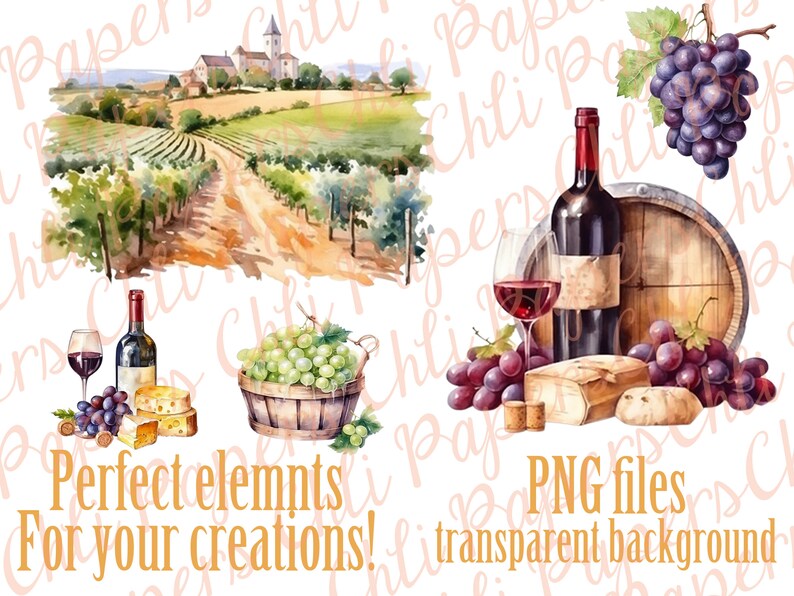 May include: A watercolour illustration of a vineyard landscape with a bottle of wine, grapes, cheese, and a barrel. The illustration is ideal for creating wine-themed crafts, invitations, or other projects.