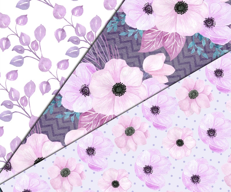 Floral digital paper pack: FLORAL PAPERS Floral background Decoupage paper Pink digital papers Purple papers Wedding background Watercolor image 5