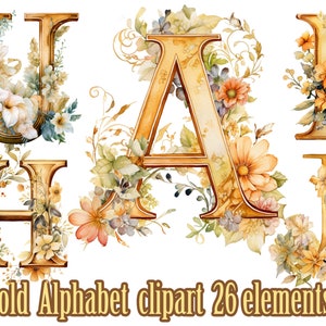 Wedding Monogram clipart,Gold Alphabet clipart,Gold Letters Png,Watercolor Alphabet png,Wedding letters png,Gold Flower letters clipart