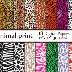 Puede incluir: Una colección de 18 papeles digitales con varios diseños de estampados de animales, incluyendo cebra, leopardo, jirafa y rayas de tigre. Los papeles miden 30.48 cm x 30.48 cm y tienen 300 dpi. El texto "Animal print" se muestra en marrón.