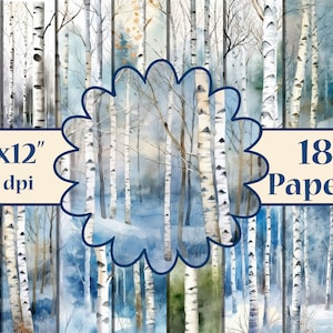 Winter Forest Digital Paper,Birch digital papers,Birch Printable,Forest backgrounds,Watercolor Forest jpg,Snowy Forest papers, Birch Trees
