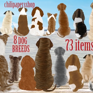 Hunde-ClipArt, Hund Rassen Clipart, Haustiere Illustrationen, Welpen Clipart, Hund-Liebhaber-Geschenk, Hunde zurück Ansicht, Mops Vizsla, Collie Chihuahua, Cocker Spaniel