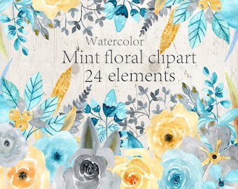 Watercolor Mint Floral clipart Flowers clipart Invitation clipart Wedding clipart Handpainted floral Watercolour clipart Mint Flower clipart
