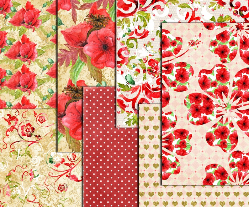 May include: Digital paper pack with 10 different patterns featuring red flowers, polka dots, hearts, and swirls on a white or cream background.