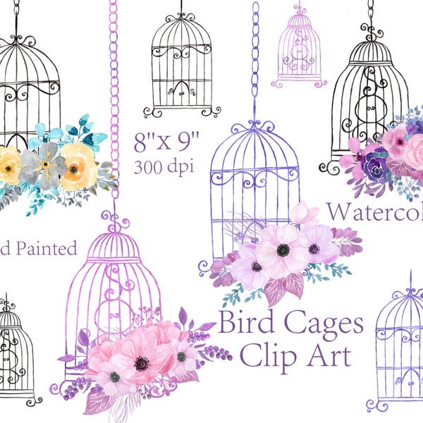 Watercolor floral bird cage clipart wedding elements invitation clipart floral bouquets greeting card hand painted clipart flowers clipart