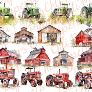 Pu&ograve; includere: Un collage digitale di illustrazioni ad acquerello con fienili rossi, trattori verdi e un mulino a vento. I fienili hanno rifiniture bianche e alcuni hanno finestre. I trattori sono verdi e rossi. Il mulino a vento &egrave; bianco con un tetto rosso.