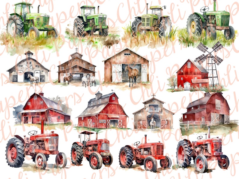 Pu&ograve; includere: Un collage digitale di illustrazioni ad acquerello con fienili rossi, trattori verdi e un mulino a vento. I fienili hanno rifiniture bianche e alcuni hanno finestre. I trattori sono verdi e rossi. Il mulino a vento &egrave; bianco con un tetto rosso.