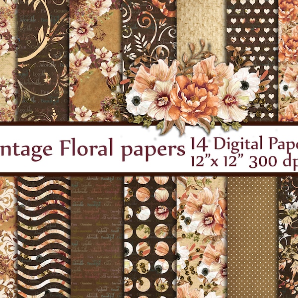 Floral digitales Papier: "Blumen Papiere" Floral Retro Hintergrundpapiere Decoupage Papiere Creme digital Papiere kaffeebraun Papiere