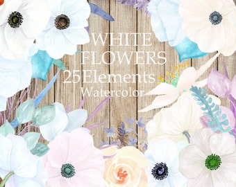 Watercolor white flowers clipart floral clipart Wedding Invitation Greeting card Watercolour clipart Invitation clipart Handpainted flowers