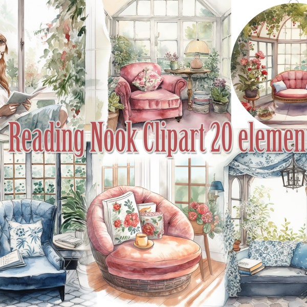 Reading clipart,Reading Nook png,Cozy Reading Nook,Reading Corners Png,Studying nook Png,Watercolor clipart,Conservatory clipart,Book Lover