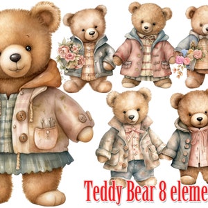 Aquarelle ours en peluche clipart, vintage ours en peluche png, mignon ours en peluche PNG, fabrication de cartes, pépinière Art, autocollants ours en peluche, graphiques de douche de bébé