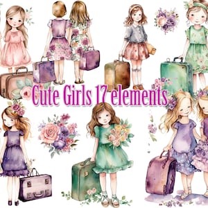 Aquarel schattige meisjes clipart, meisjes met Suitase, beste vrienden reizen, bloemen meisjes PNG, schattige meisjes BFF, mooie meisjes clipart, meisjes illustratie