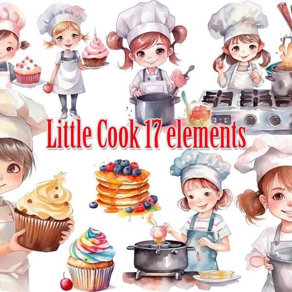 Schattige kleine chef-kok clipart, koken clipart, chef-kok clipart, bakken meisje PNG, kleine chef-kok illustraties, koken sublimatie, aquarel clipart, Kids PNG