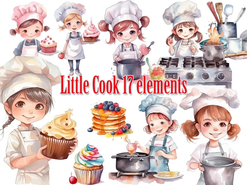 May include: Watercolor illustration of a set of 17 elements featuring cute cartoon chefs, cupcakes, pancakes, and kitchen tools. The text "Little Cook 17 elements" is written in red at the bottom of the image.