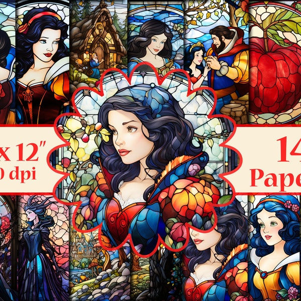 Snow White Digital Papers,Stained Glass digital papers,Stained Glass Digital Backgrounds, Fairytale papers,Snow White printable,Princess Jpg