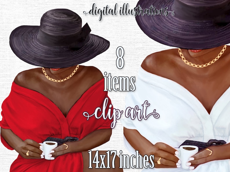Puede incluir: Conjunto de clip art de ilustraci&oacute;n digital de dos mujeres con sombreros negros y collares de oro. Una mujer lleva un vestido rojo y la otra una camisa blanca. Ambas mujeres sostienen una taza de caf&eacute;. El texto "8 items clip art 14x17 inches" est&aacute; incluido en la imagen.