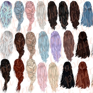 May include: A set of 36 digital illustrations of different hairstyles for women. The hairstyles are all long and flowing, with various colors and styles, including braids, waves, and curls.