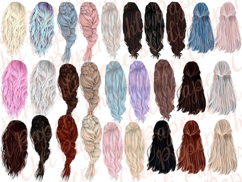 May include: A set of 36 digital illustrations of different hairstyles for women. The hairstyles are all long and flowing, with various colors and styles, including braids, waves, and curls.