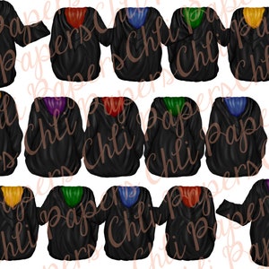 May include: Ten black robes with different colored collars. The collars are purple, red, yellow, green, and blue.