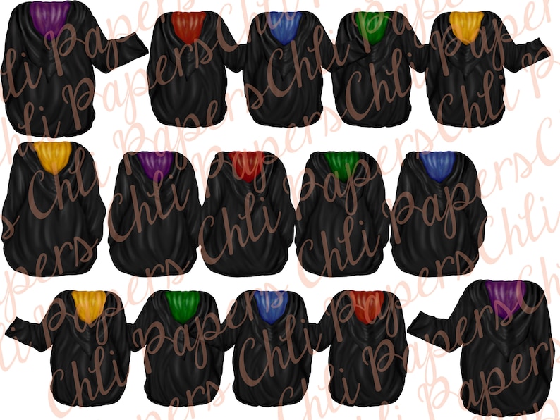 May include: Ten black robes with different colored collars. The collars are purple, red, yellow, green, and blue.