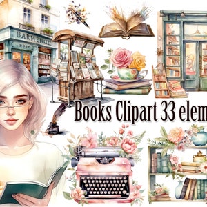 May include: Watercolor clipart set of 33 elements featuring books, a typewriter, a bookshelf, a teacup, a flower arrangement, a quill pen, and a vintage bookstore. The set is perfect for creating digital scrapbooking projects, invitations, and other paper crafts.