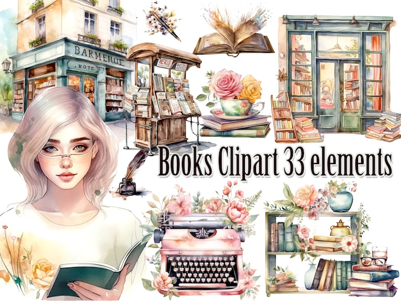 May include: Watercolor clipart set of 33 elements featuring books, a typewriter, a bookshelf, a teacup, a flower arrangement, a quill pen, and a vintage bookstore. The set is perfect for creating digital scrapbooking projects, invitations, and other paper crafts.