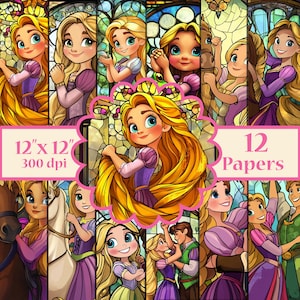 May include: Twelve 12" x 12" digital papers featuring a stained glass style illustration of Rapunzel with long blonde hair. The papers are 300 dpi.