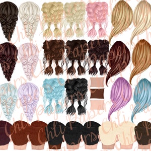 May include: A set of 24 digital illustrations of different hairstyles for women. The hairstyles are all in various shades of brown, blonde, pink, blue, and white. The illustrations are in a cartoon style and are perfect for use in digital projects.