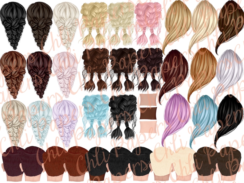May include: A set of 24 digital illustrations of different hairstyles for women. The hairstyles are all in various shades of brown, blonde, pink, blue, and white. The illustrations are in a cartoon style and are perfect for use in digital projects.