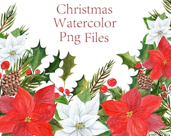 Poinsettias clipart,Watercolor poinsettias, Christmas clipart, Christmas florals,Christmas card,Pine cone,Holiday clipart,Holiday flowers