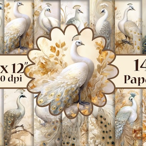Papier numérique de paon, papiers éphémères, papiers de Journal de paon blanc, papier vintage, papier romantique, papiers floraux imprimables, arrière-plans de paon
