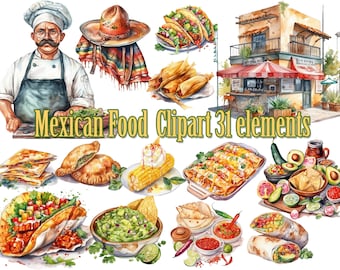 Watercolor Mexican Food Clipart,Mexican Clipart,Mexican Fiesta,Taco Clipart,Burritos Png,Tamales Png,Guacamole Png, Elotes png,Cinco De Mayo