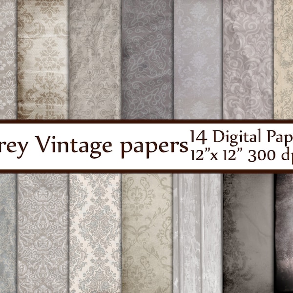 Grey Digital Paper Pack: "DAMASK GRAY" Grey pattern Vintage Papers  Silver Scrapbook Paper Silver damask Grey textured paper Silver texture