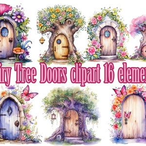 Clipart Drzwi Wróżki, Clipart Dom Wróżki, Magiczne drzwi drzewa, Drzwi Wróżki Lasu, Zaczarowane ukryte drzwi, Magiczne drzwi fantasy, Akwarela Wróżka Png