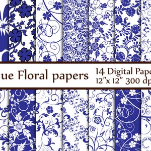 May include: A set of 14 digital papers featuring blue floral patterns on a white background. The papers are 12 inches by 12 inches and 300 dpi.