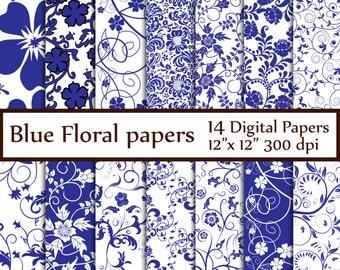 Blue Floral digital paper: "FLORAL PAPERS" Floral backgrounds Blue Flower Paper Digital background invitation paper Decoupage floral paper